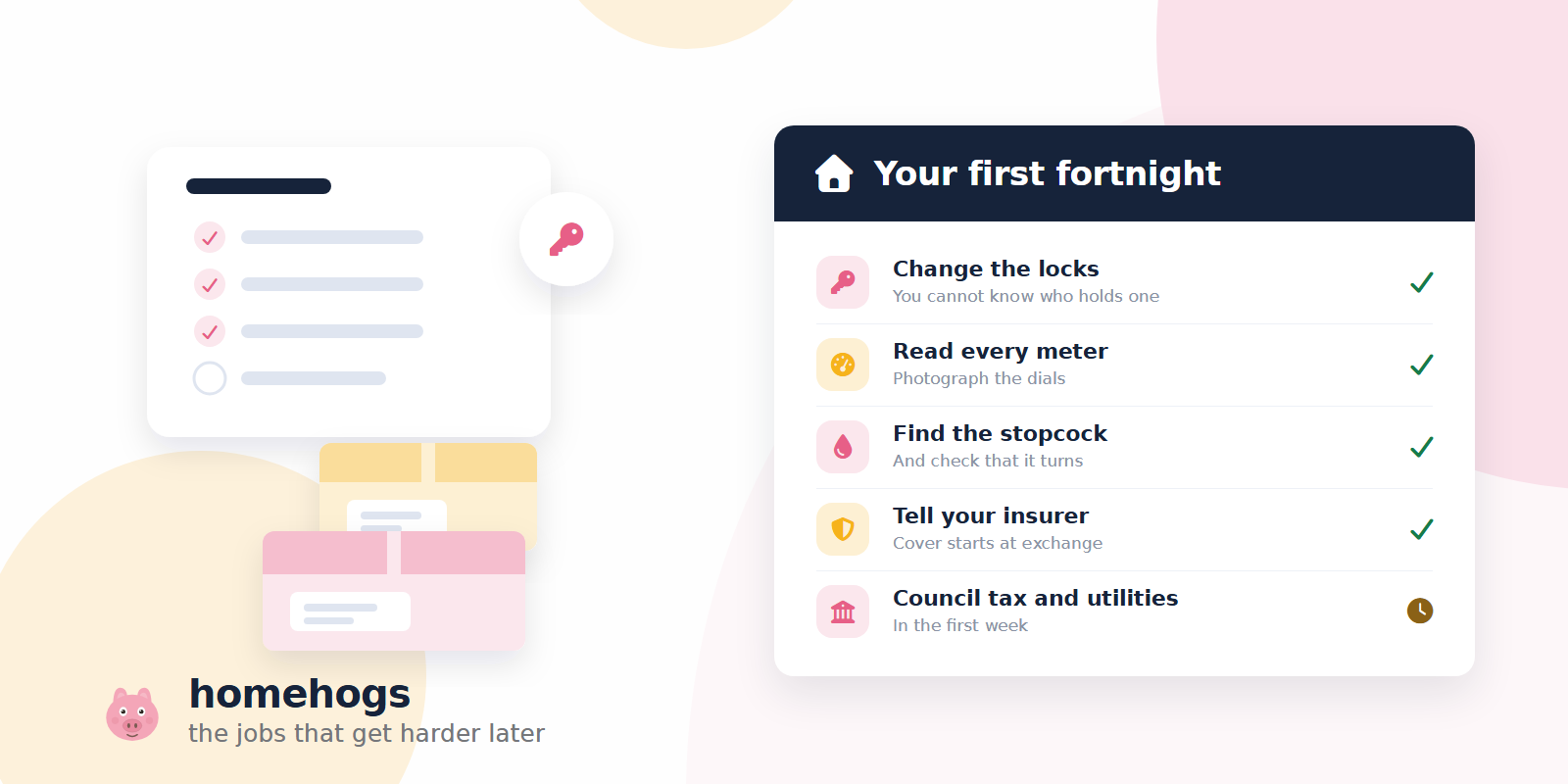A checklist with the first jobs ticked off, above two moving boxes still taped shut, beside a list of what to do in the first fortnight in a new home.