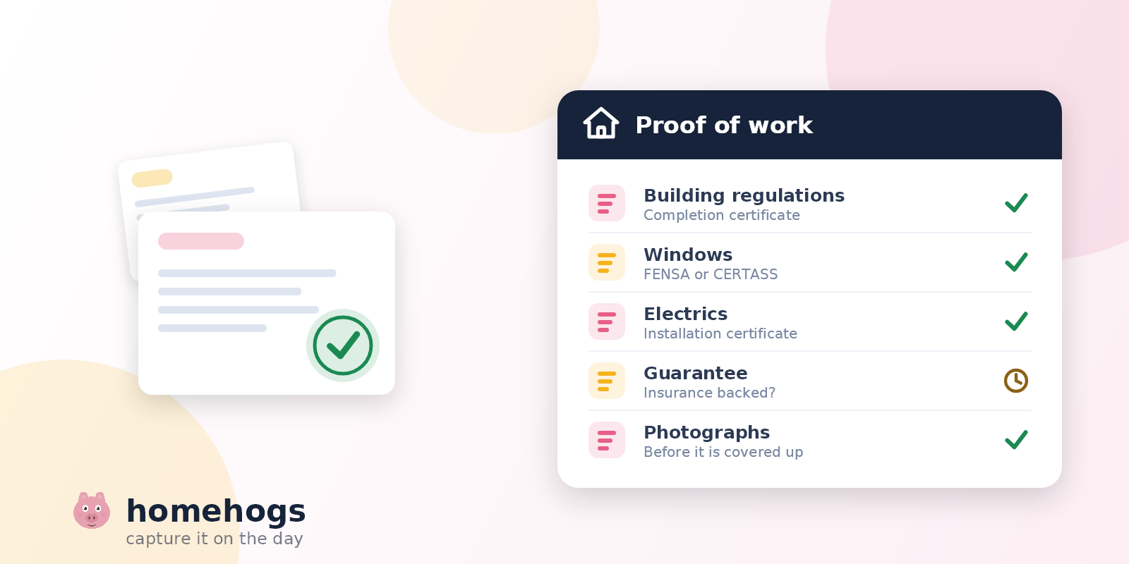 A certificate with a green seal on top of another document, beside a list of the paperwork that proves work was done, from building regulations to photographs.