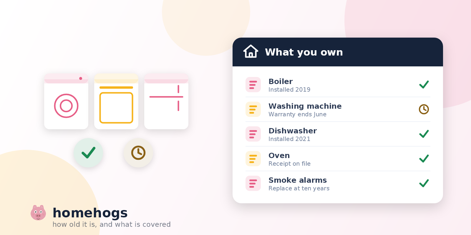 A washing machine, an oven and a fridge freezer drawn as simple outlines, beside a list of household appliances showing when each was installed and which warranty is about to run out.