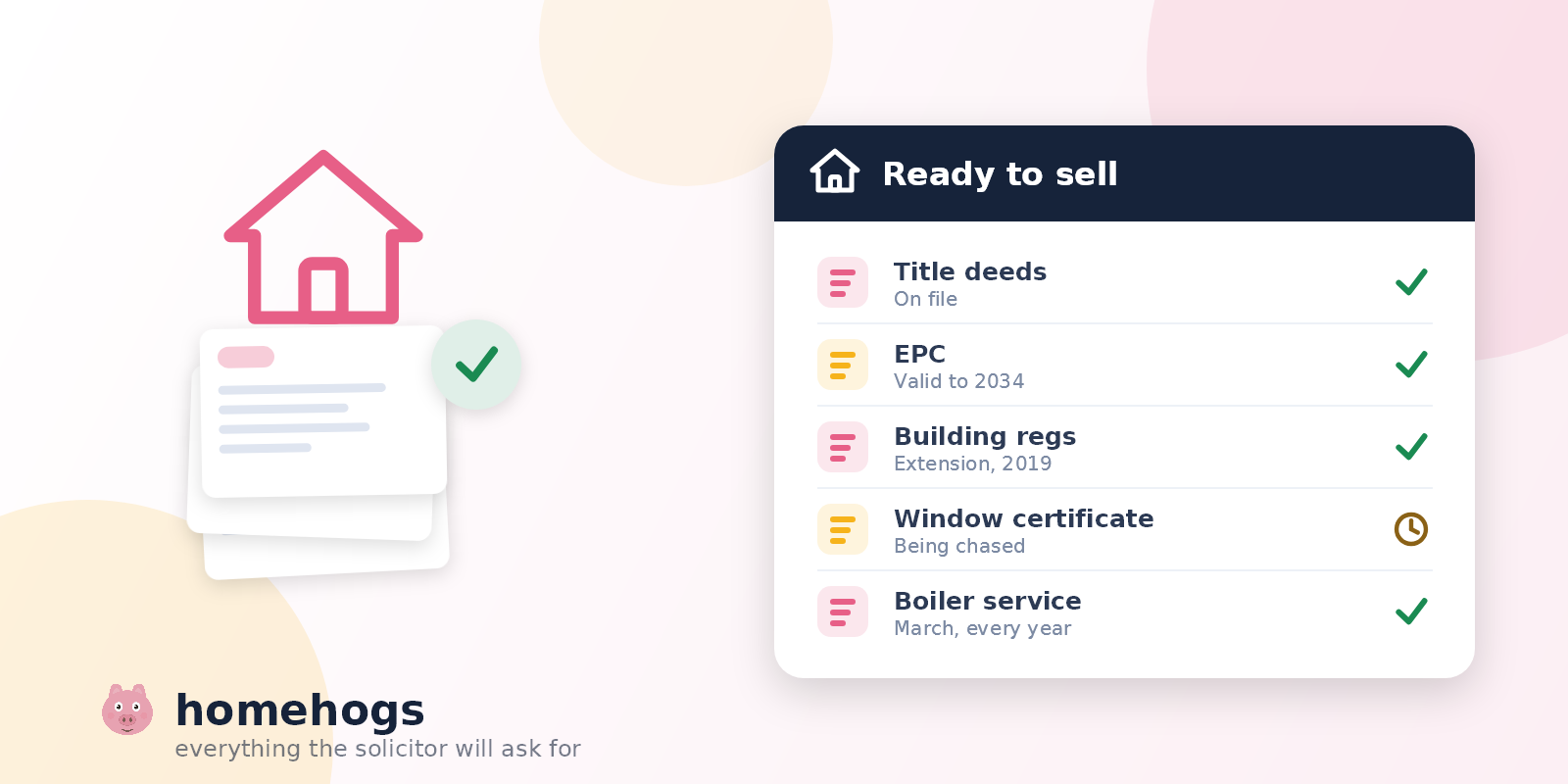 A house sitting on a neat stack of property documents, next to a checklist showing title deeds, an energy certificate and building regulations paperwork all present, with a window certificate still outstanding.
